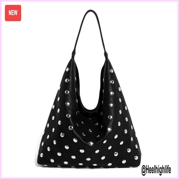 Handbags - Studded Vegan Leather Hobo Bag Slouchy Shoulder Tote Handbag Purse